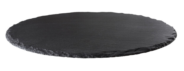 Dark gray round empty slate with selective focus  isolated on white or transparent background