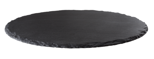 Dark gray round empty slate with selective focus  isolated on white or transparent background
