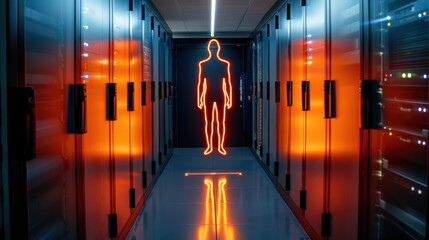 Data center security breach simulation high-tech facility digital art neon environment futuristic viewpoint cybersecurity concept