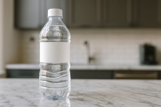 Water Bottle with Blank Label on a Marble Table