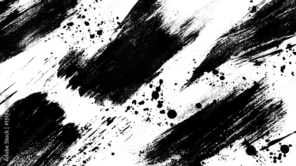 Poster powerful abstract composition of expressive black paint brush strokes and splatters against a crisp 