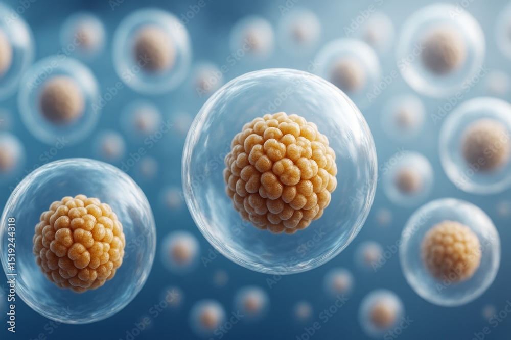 Aufkleber Microscopic view of biological cells with clustered nuclei in transparent membranes on a soft blue background, depicting cellular science concept.