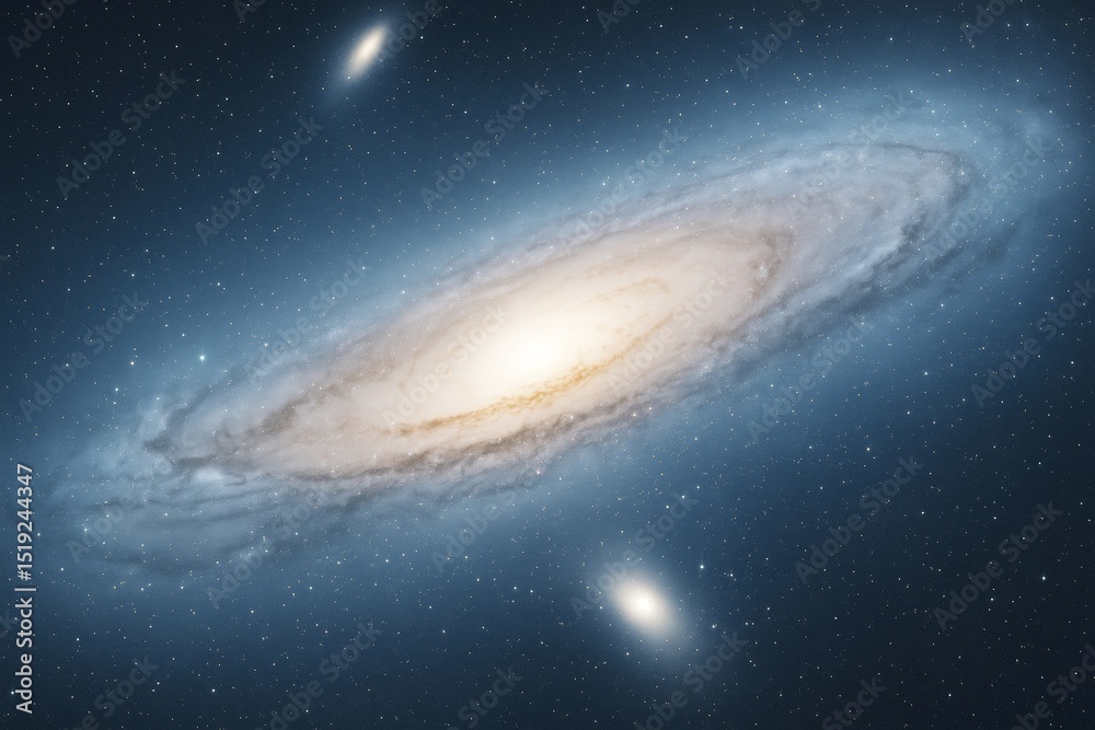 Poster spiral galaxy glowing in deep space with stars scattered around on a dark cosmic background, highlig