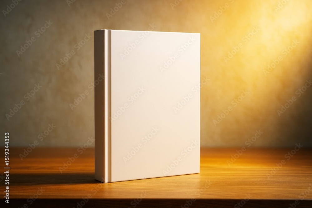 Aufkleber minimalistic blank book standing upright on wooden surface with warm ambient light and soft textured