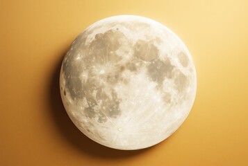 Hyper-realistic full moon illustration floating against warm yellow background, representing cosmic exploration and scientific concept of light.