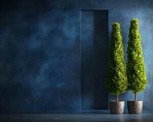 Fototapeta premium Modern Interior Design With Dark Blue Wall And Potted Plants