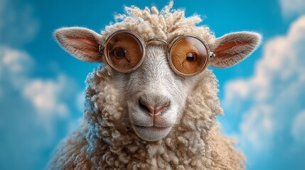 Close up of a sheep wearing round glasses against a blue sky with fluffy white clouds behind it