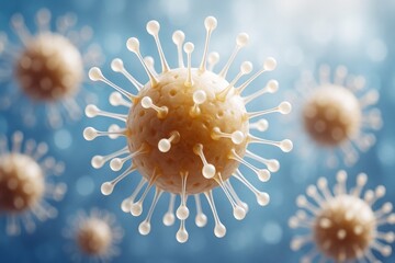 Close-up of stylized viral particles with spike proteins on abstract blue background symbolizing microscopic biology and medical science concept.