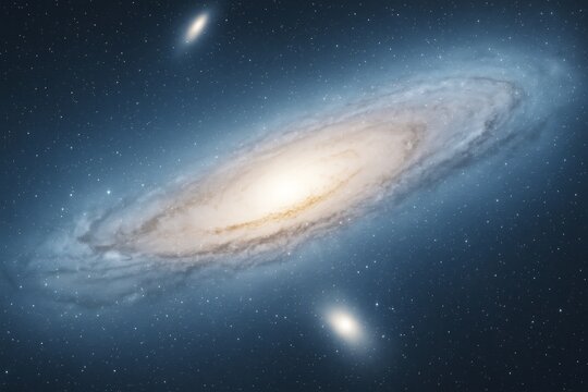 Spiral galaxy glowing in deep space with stars scattered around on a dark cosmic background, highlighting science and astronomy concepts.