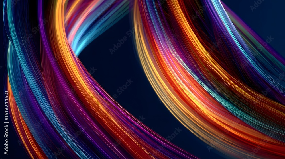 Poster mesmerizing abstract composition with dynamic swirling neon like lines and vivid glowing rainbow gra