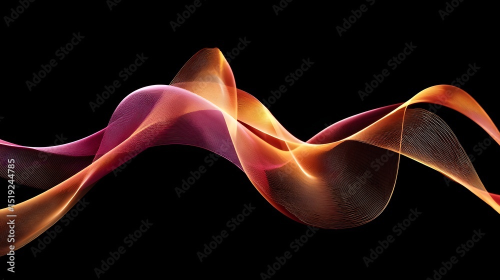Fototapete Fluid arrow shaped ribbons in a mesmerizing gradient of orange pink and yellow hues against a black backdrop creating a futuristic minimalist abstract design