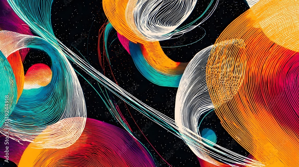Poster Captivating abstract artwork featuring a dynamic composition of vibrant flowing swirls and looping shapes in a striking contrast of colors and lines