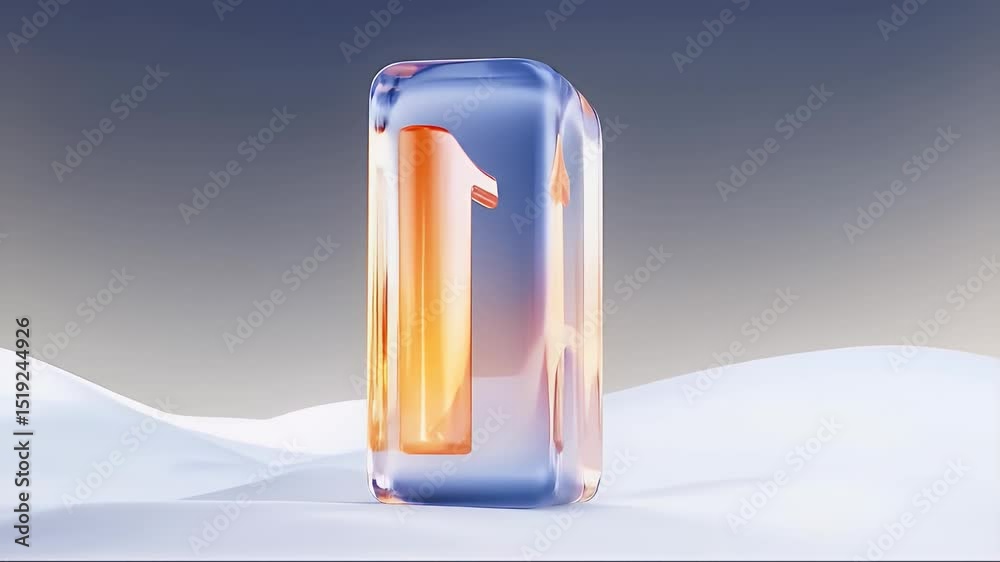 Poster 氷の数字1の3dレンダリング 透明な青とオレンジ色のデザイン 白色の背景と滑らかな表面 冷たい雰囲気の数字