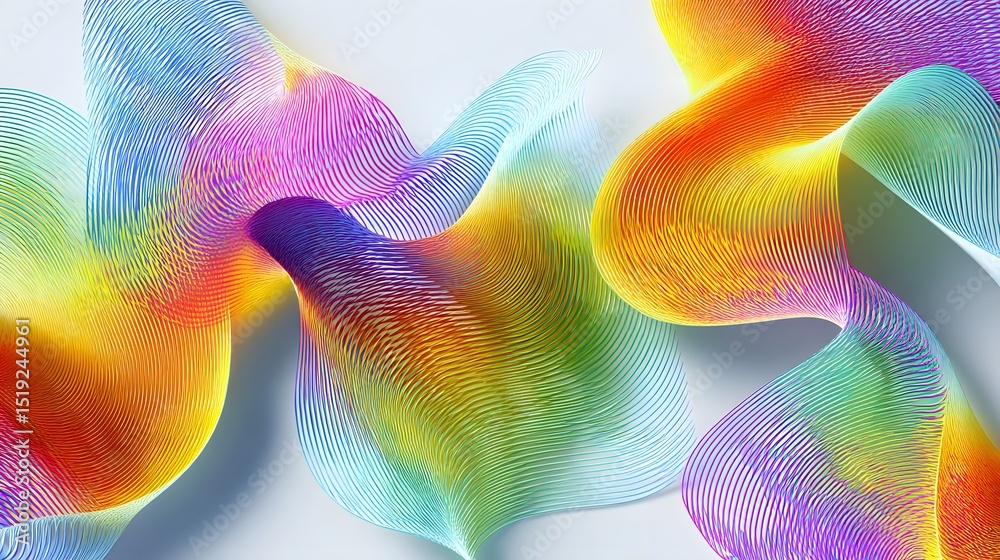 Poster Captivating abstract composition featuring dynamic curved ribbon like forms in a dazzling array of neon inspired gradients scattered across a stark white canvas