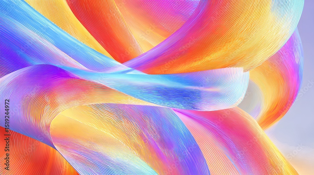 Aufkleber Bright dynamic abstract line art featuring curved ribbon like forms in a striking neon gradient palette scattered across a blank canvas in a mesmerizing surreal composition