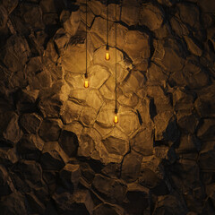 Dark Stone Wall with Edison lamp Lighting 3D Rendering