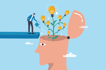 Planting growth idea, growing innovation or creativity, imagination or solution development, intelligence brainstorming, education concept, man watering lightbulb idea plant growing on human head.
