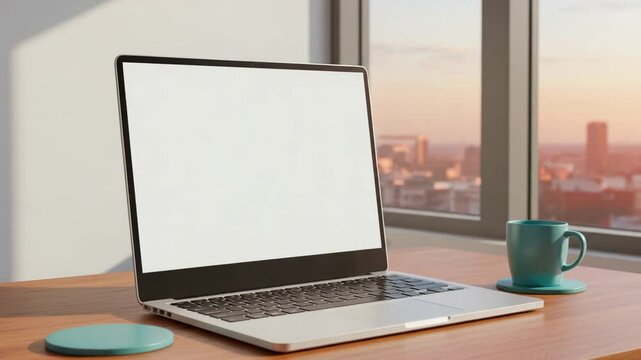 Laptop And Coffee Mug On Wooden Table With City Skyline Background At Sunrise