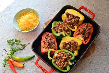 Close-up of Mediterranean stuffed bell peppers baked to perfection