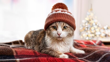Cozy Cat Lounging on Plaid Blanket, Accessorized with a Winter Hat in a Warm and Inviting Interior Scene A Perfect Blend of Textures and Colors.