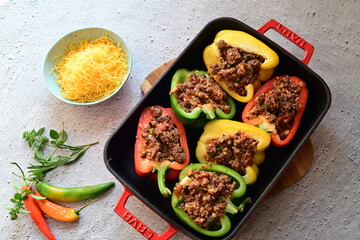Close-up of Mediterranean stuffed bell peppers baked to perfection