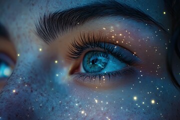Fototapeta premium Extreme close-up of eyes, mirroring a peaceful night sky, conveying tranquility,