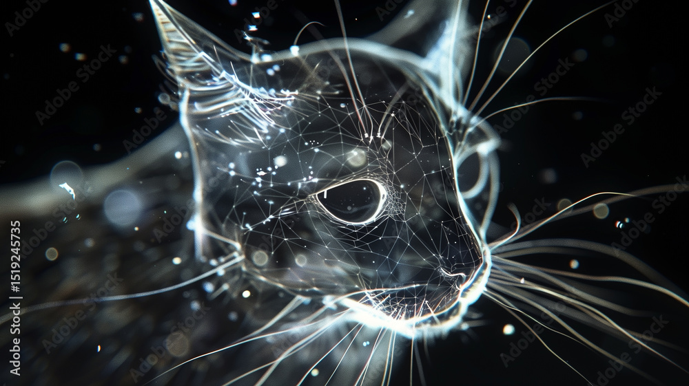 Poster This digital projection of a cat floats in a dark setting, glowing with a soft, futuristic light.
