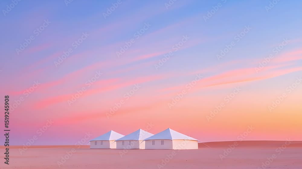 Poster 夕暮れの砂漠に佇む白いテント ミニマルな風景 ピンクと紫色の空 美しい夕焼けの背景 パノラマの風景 砂丘の静寂と穏やかな雰囲気