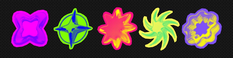 Y2k 3d punk neon colors light chrome halftone stars shape retro abstract vector illustration sticker set. Chrome silver 3d metallic halftone semitone retro effect bright neon color star collection.
