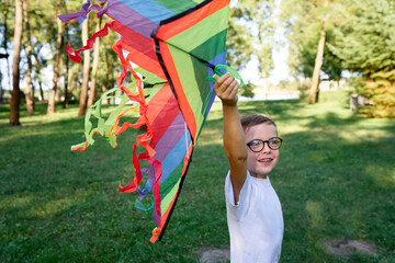 Little boy in white shirt running with kite on the field at summer day in the park