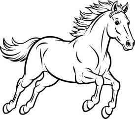 Majestic running horse black and white line art illustration