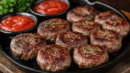 Crispy, browned meat patties on a cast iron skillet, served with tomato sauce
