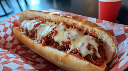 A classic meatball sub loaded with marinara and stringy melted provolone.