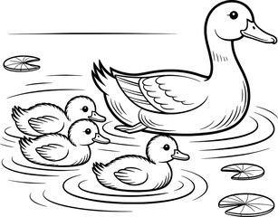 Mother duck and three ducklings swimming in pond