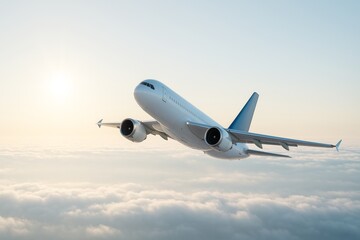 Obraz premium Commercial airplane flying above clouds with soft sunlight in sky, showing modern air transport on light morning background. Ai generative.