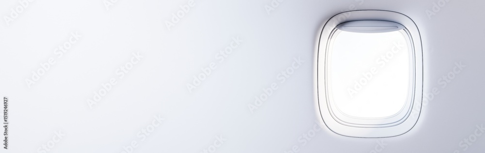 Poster Airplane window view with bright white light and clean minimal background for travel or transport concept with copy space on the left side.