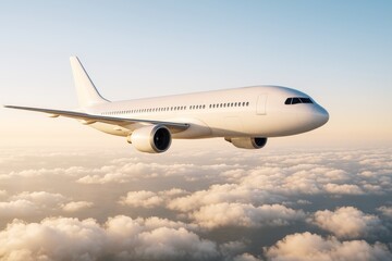 Obraz premium Commercial airplane flying above clouds with soft golden light and clear sky background, symbolizing modern air travel transport concept.
