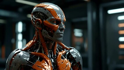 Futuristic android head and torso, detailed mechanical structure, vibrant orange accents - Powered by Adobe