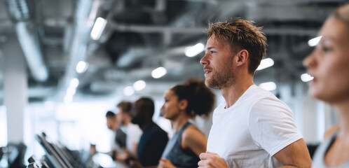 A group of individuals at a modern gym is focused on improving their fitness by engaging in intense treadmill workouts, displaying determination and effort.