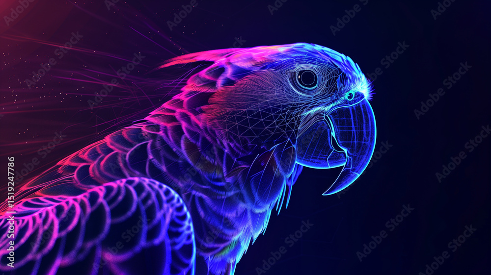 Poster this vibrant hologram features a parrot design glowing in neon colors, floating in a dark space.