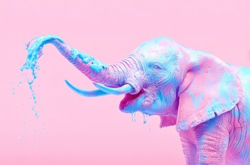 A pink elephant with blue paint on its trunk and face