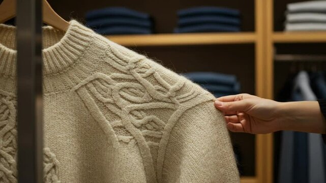 Hand Touching Beige Cable Knit Sweater On Wooden Hanger In Clothing Store Display