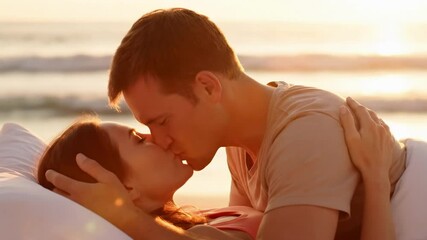 Romantic couple sharing a kiss on a beach at sunset, with gentle waves in the background and warm sunlight illuminating their faces - hot kissing bed - Powered by Adobe