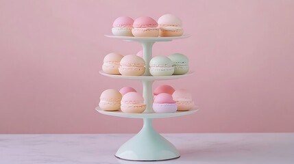 Elegant petit fours in a variety of pastel colors, presented in a tiered dessert stand with minimalist decor 