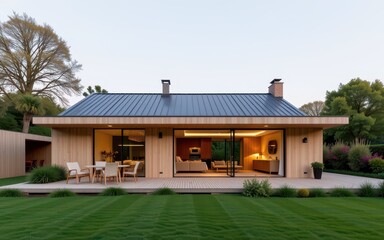 Naklejka premium Modern wooden house with large windows and a garden setting.