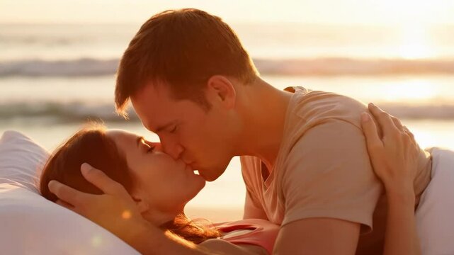 Romantic couple sharing a kiss on a beach at sunset, with gentle waves in the background and warm sunlight illuminating their faces - hot kissing bed
