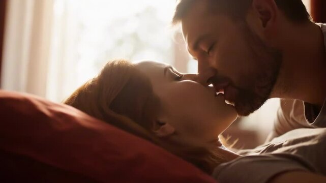 Intimate moment between a couple sharing a tender gaze in a softly lit bedroom, surrounded by warm sunlight and cozy decor - hot kissing bed