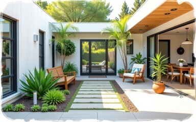 Modern courtyard with plants and stylish seating area.