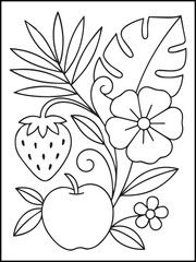 Summer Coloring Page for Kids and Adults. Printable Line Art with Butterfly, fruits for Fun and Learning for children. Stress Relief and Relaxation Coloring Pages for Adults.