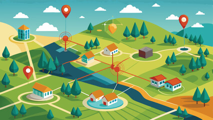 Stylized Isometric Map of a Neighborhood with Location Markers and Connections